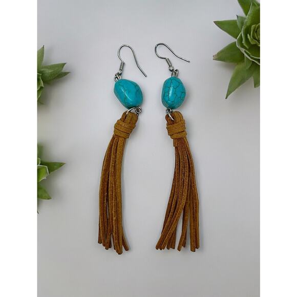Faux Turquoise & Suede Leather Dangle Earrings Southwestern Boho Chic Cowgirl - Picture 1 of 5
